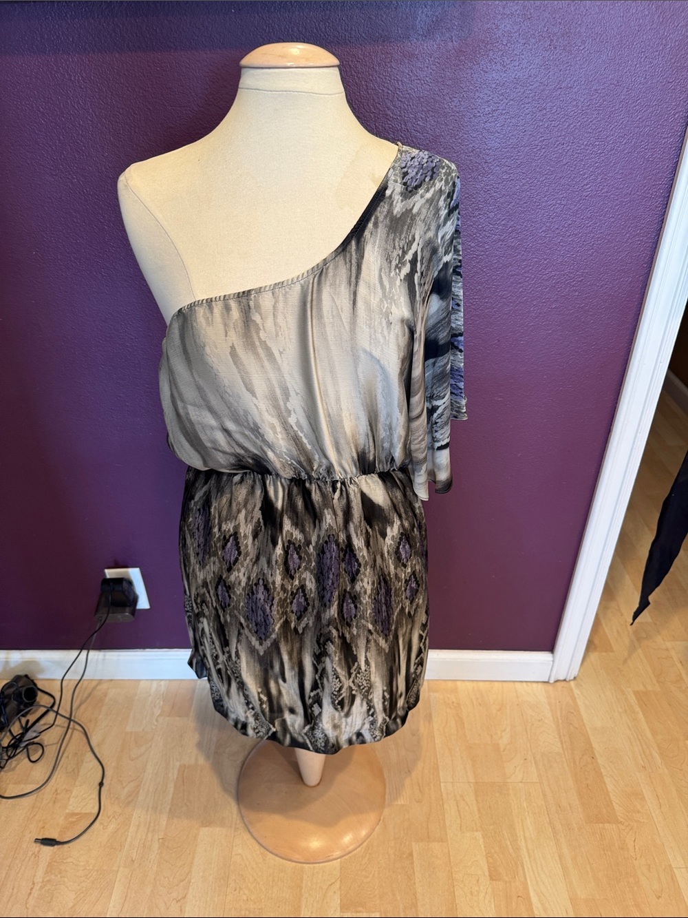 Collective Concepts One-Shoulder Black, Gray & Purple Printed Dress